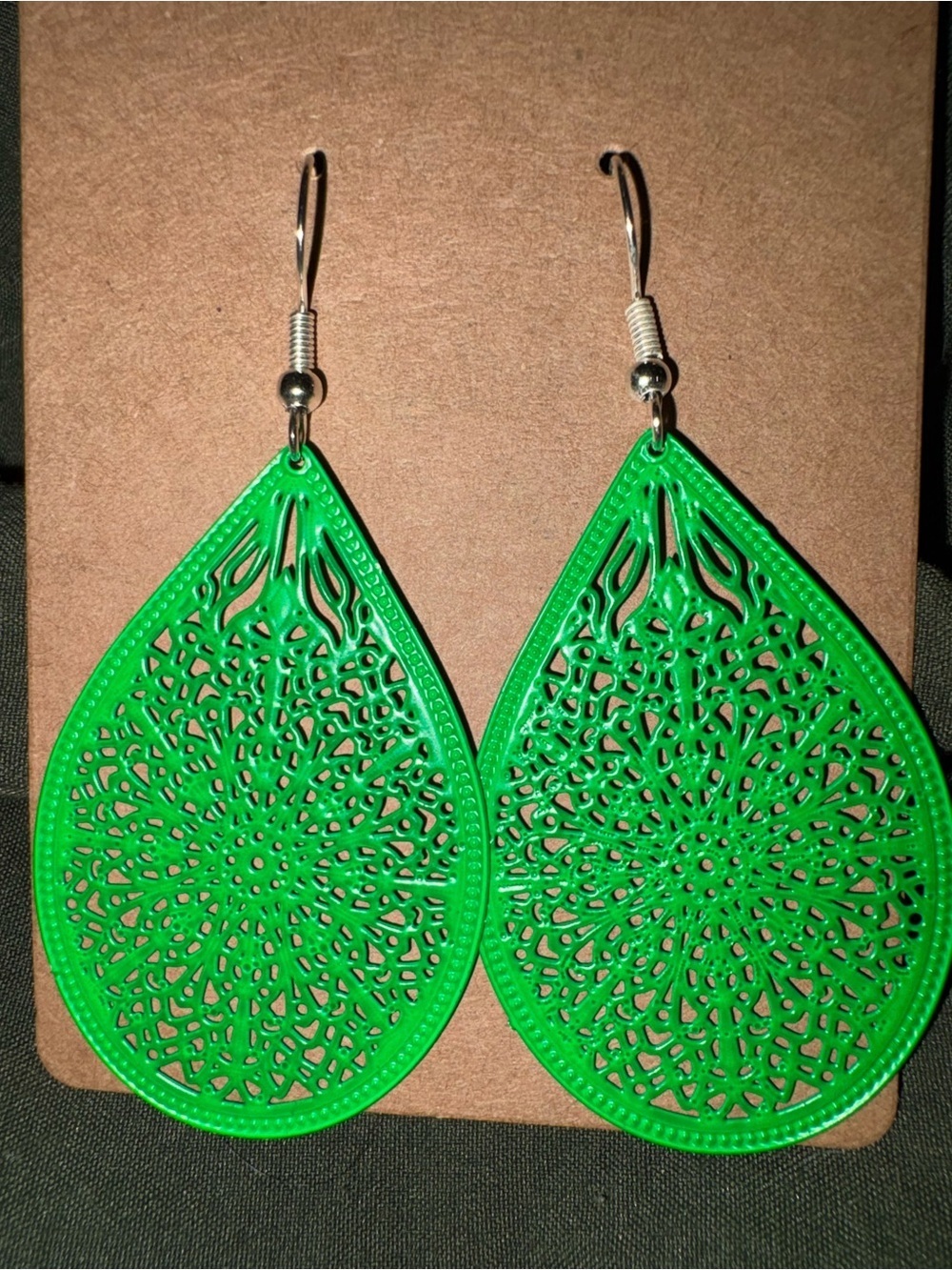 Green Filigree Teardrop Earrings - Lightweight Women Jewelry
